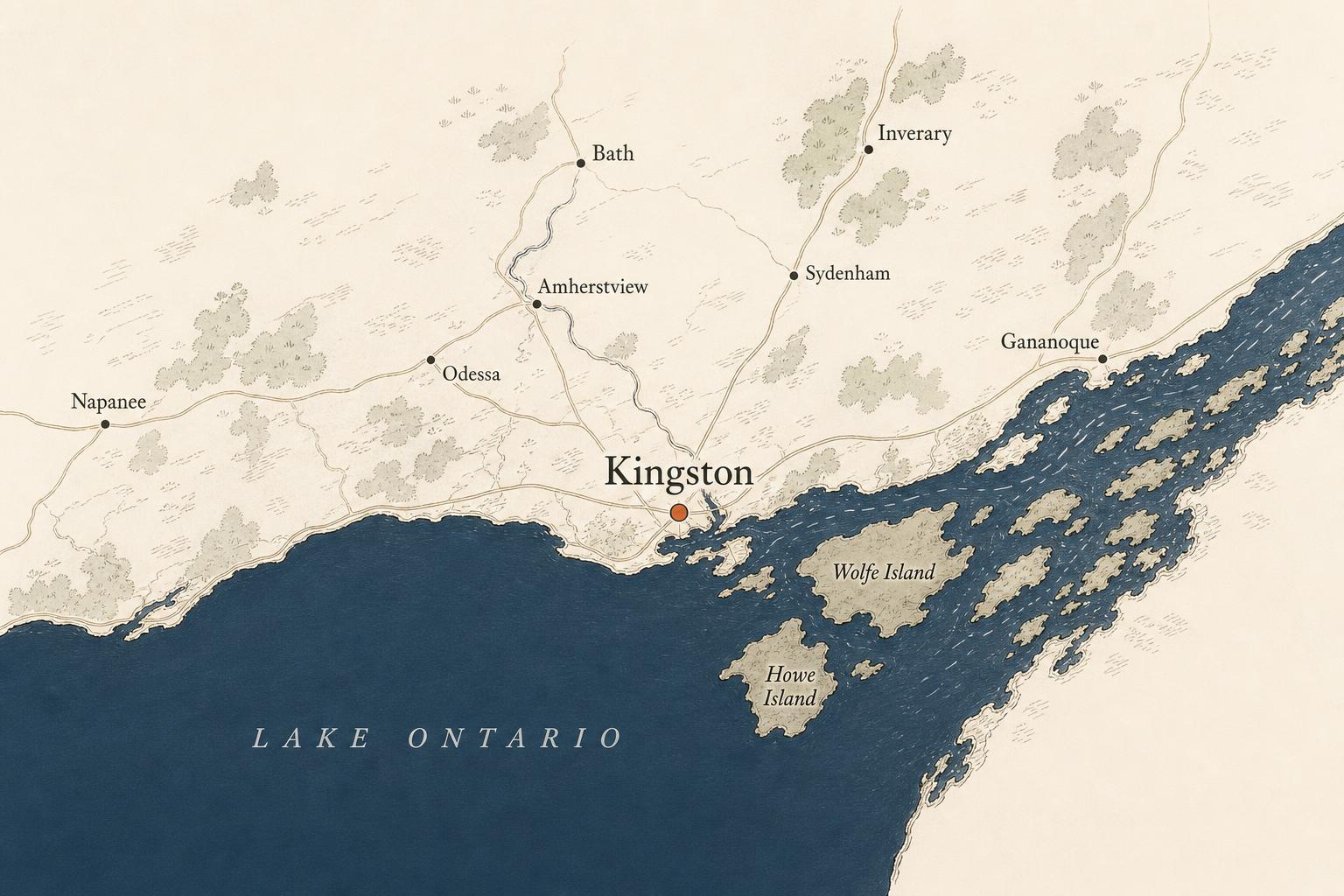 Illustrated map of the Kingston, Ontario service area, from Napanee to Gananoque, including Bath, Amherstview, Odessa, Sydenham, Inverary, Wolfe Island and Howe Island